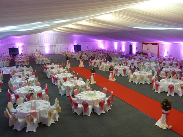 Clive Emson Conference Hall with elegant tables, perfect for weddings and corporate events.
