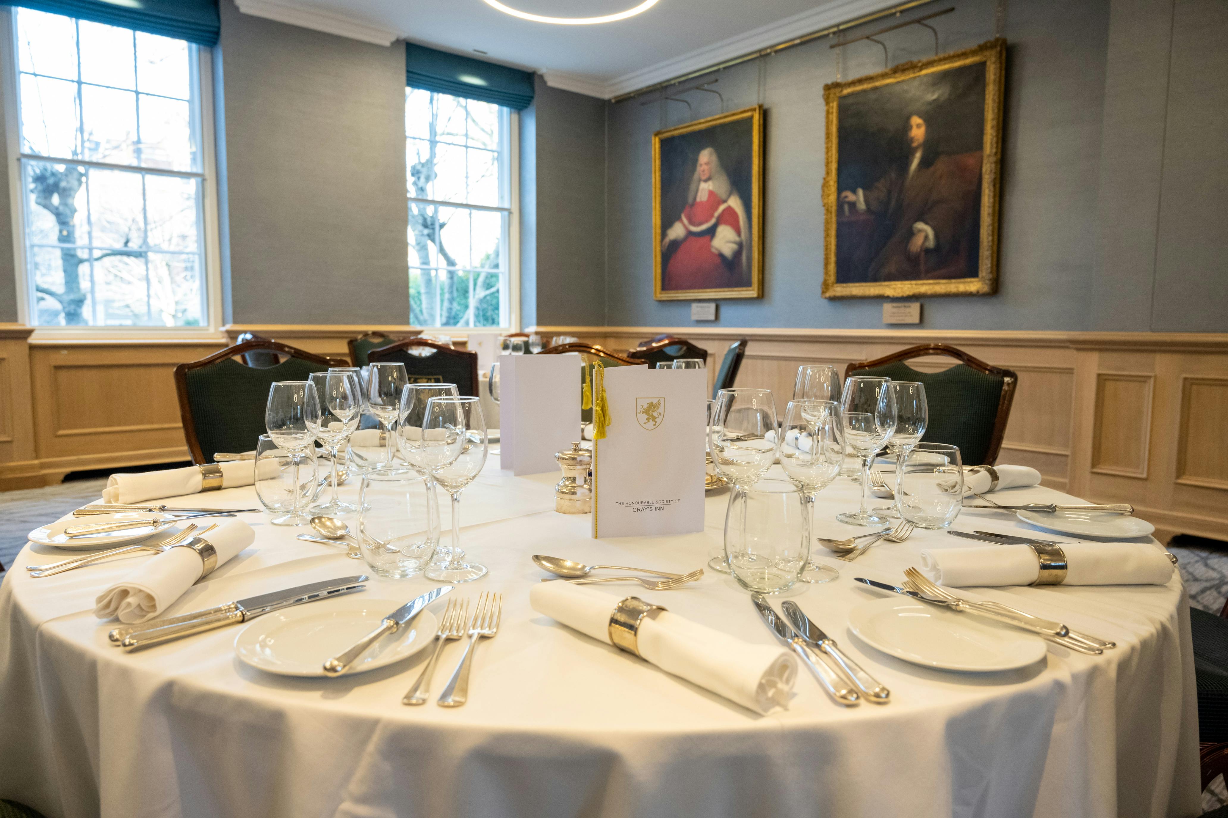 Elegant dining table in Bingham Room, perfect for corporate dinners and formal events.