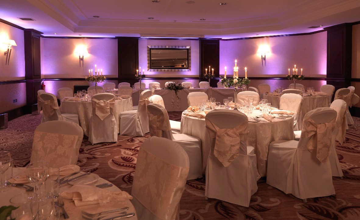 Elegant banquet room in Edinburgh Grosvenor Hotel, perfect for weddings and upscale events. - Banner