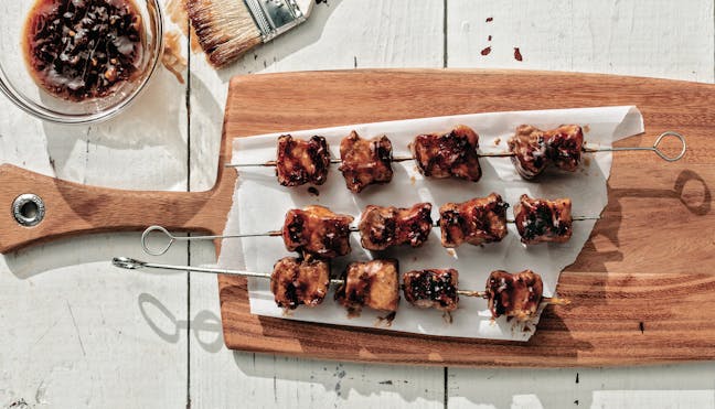 Plum Glazed Pork Belly Kebabs