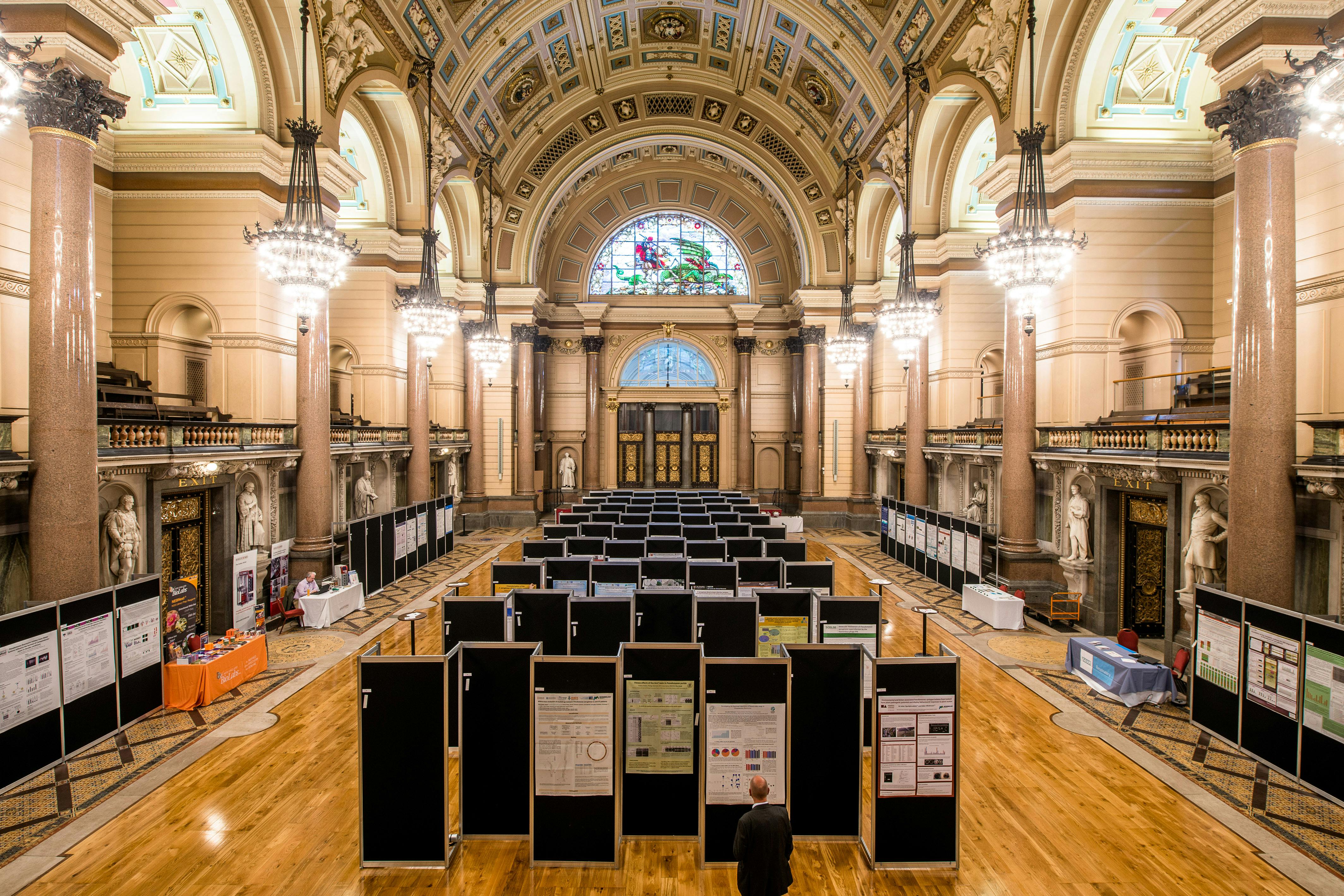 Great Hall in St George's Hall, elegant architecture, conference venue setup.