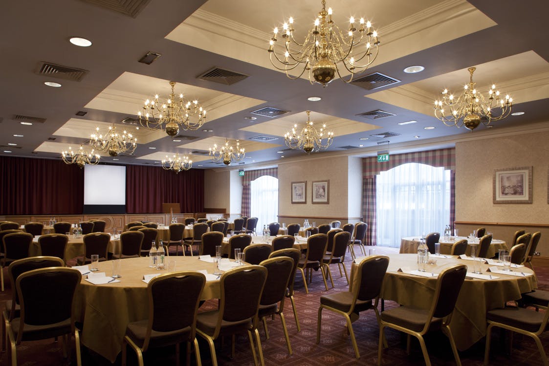 Ballroom at Norton House Hotel, elegant meeting room for corporate events with chandeliers.