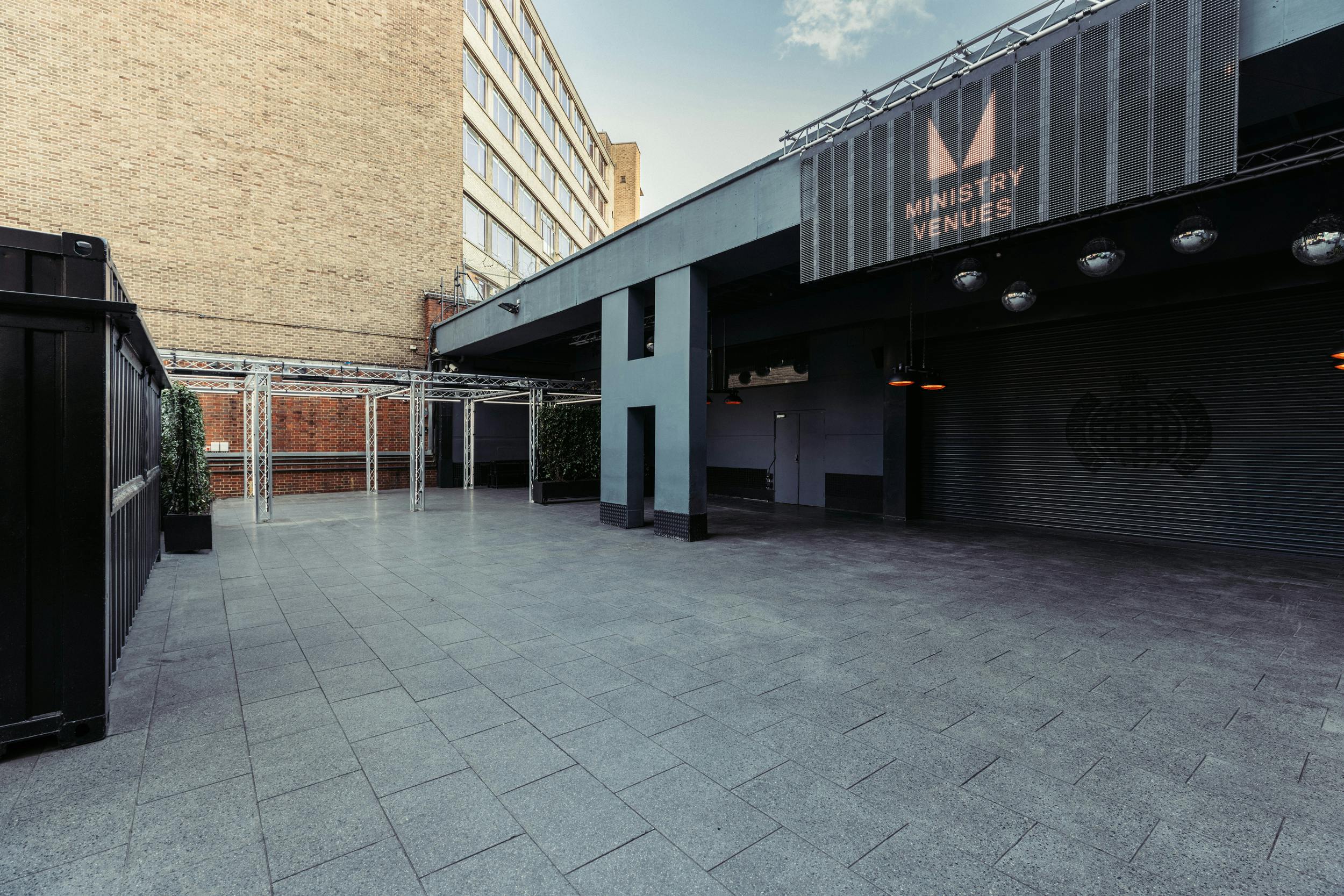 The Courtyard at Ministry of Sound: modern outdoor event space for corporate and social gatherings.