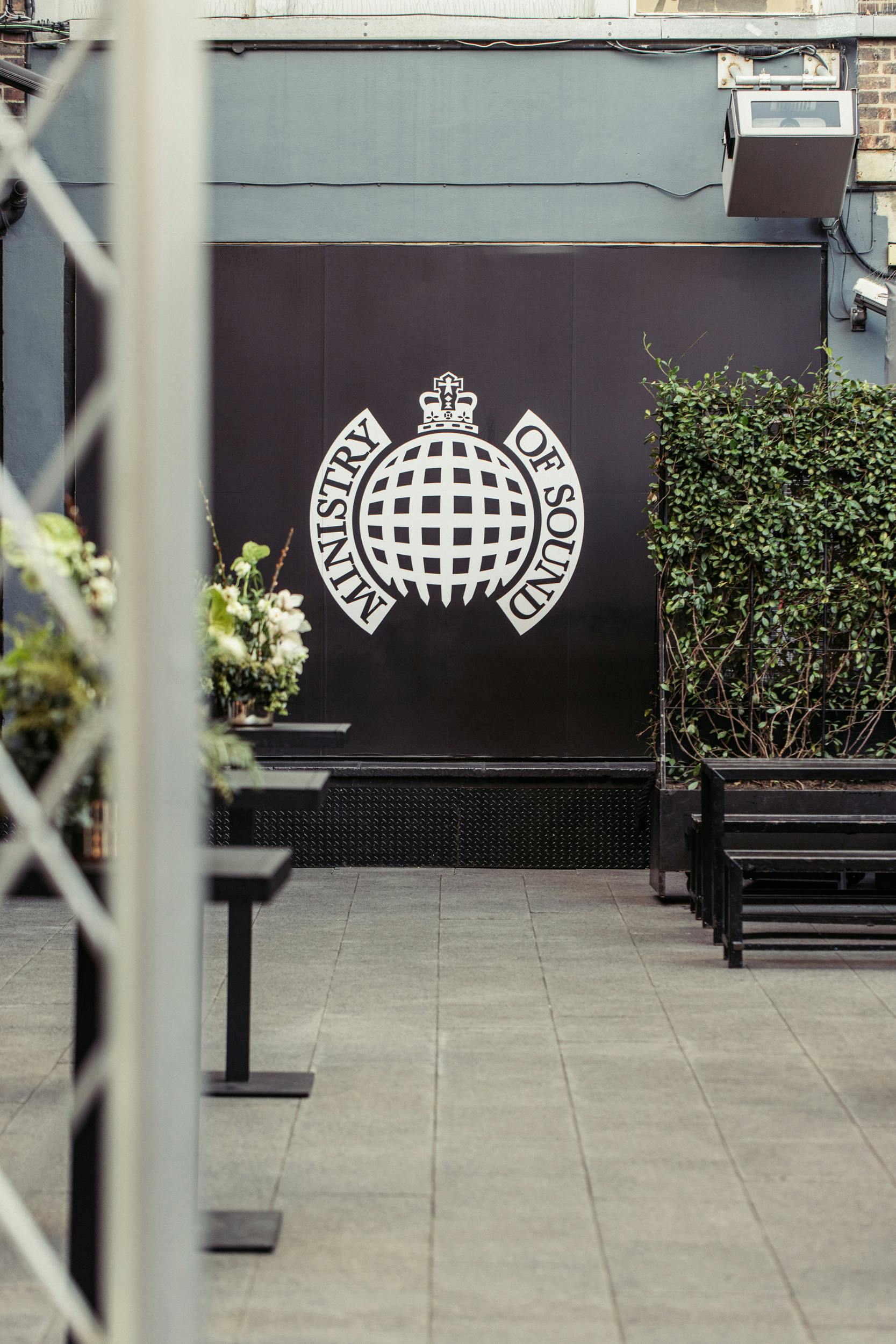 Ministry of Sound Courtyard: modern outdoor event space with lush greenery.