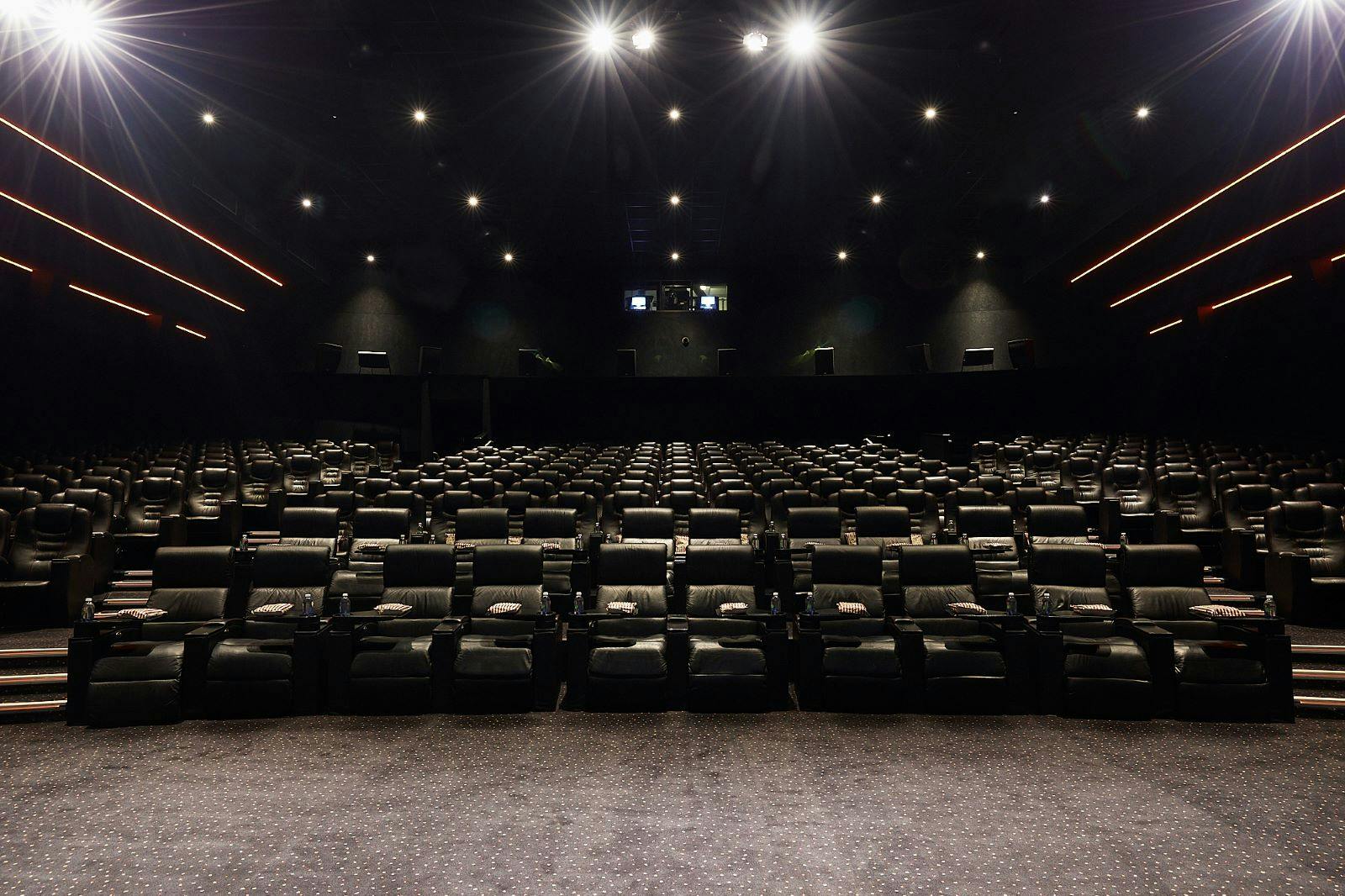 Modern auditorium with tiered seating for film screenings and corporate presentations.