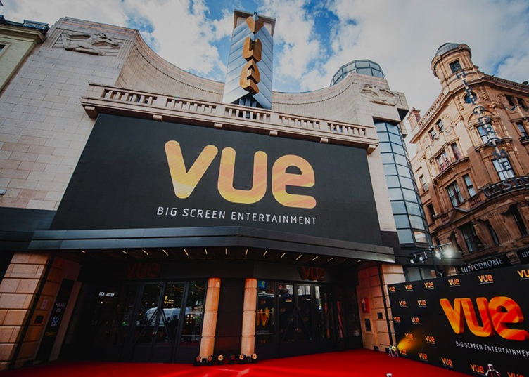 Vue West End cinema screens, vibrant architecture, ideal for events and premieres.