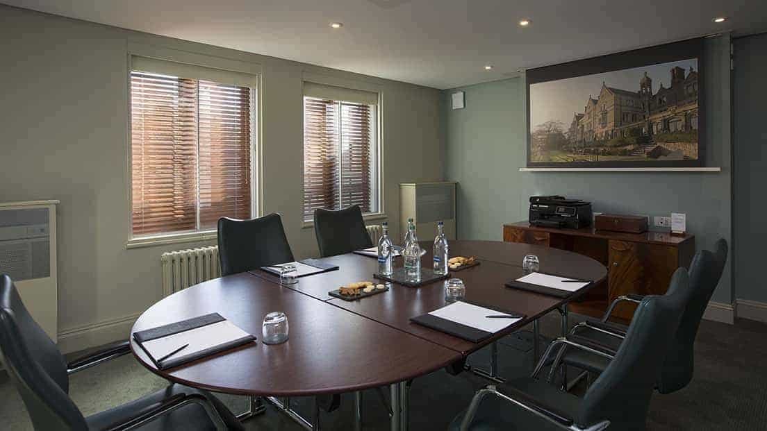 Earlswood Room at Nutfield Priory: elegant meeting space with round table for professional events.