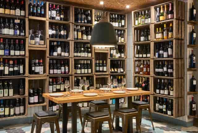 Private dining room with wooden table and wine display for intimate dinners and events.