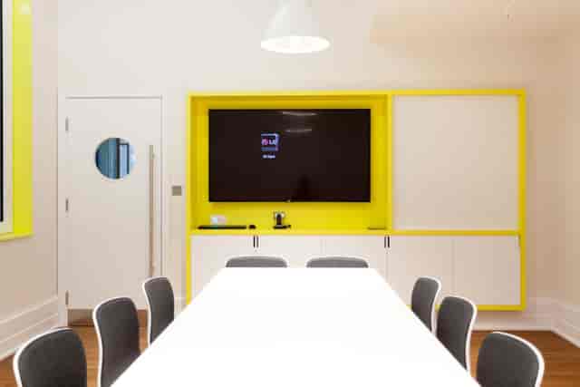 Modern Menlo Meeting Room with white table, ergonomic chairs for productive events.