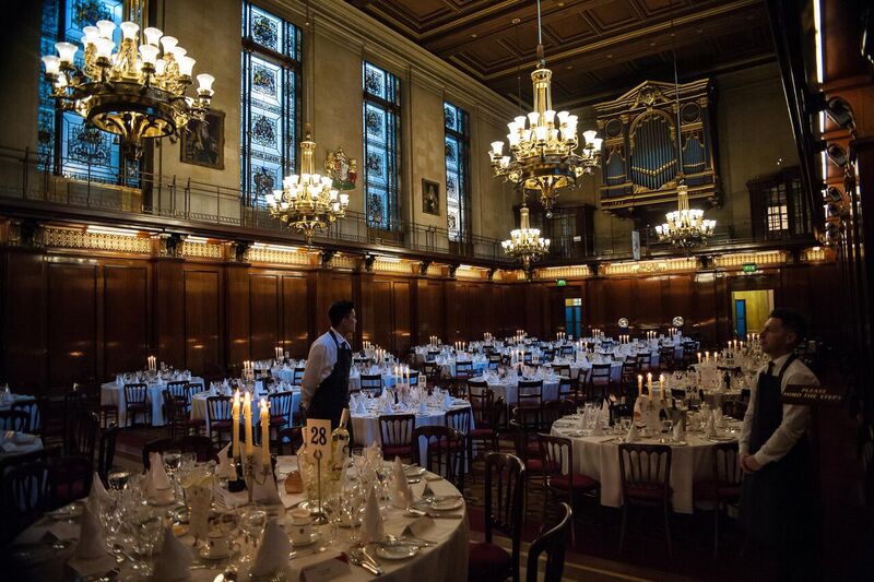 Great Hall at Merchant Taylors' Hall, elegant banquet setup for weddings and corporate events. - Banner