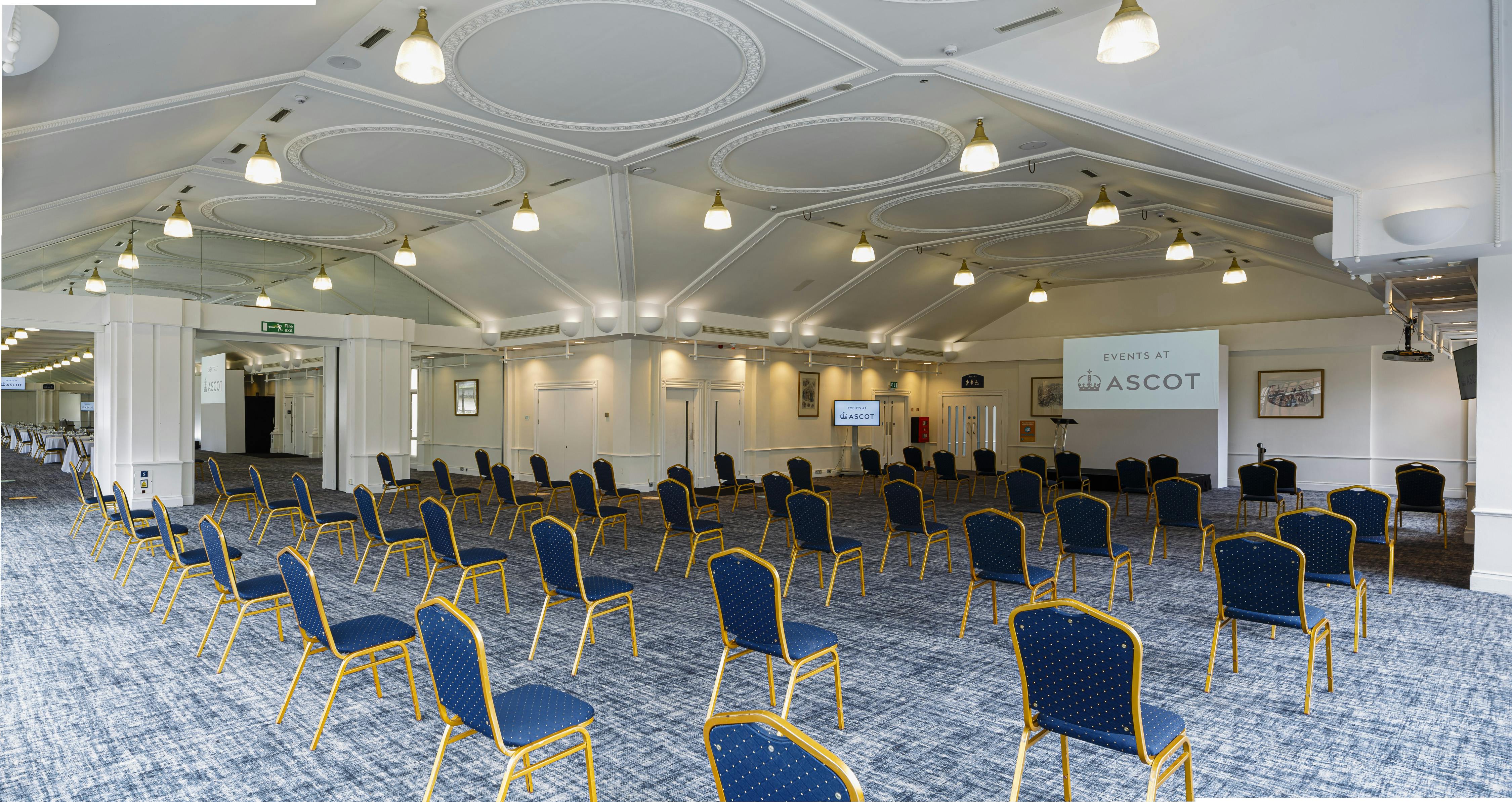 Pavilion Suite 3 at Ascot Racecourse, elegant meeting room with blue chairs, corporate events.