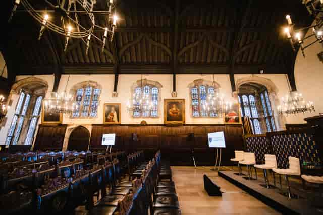 Lincoln's Inn panel discussion hall, ornate, corporate event, conference