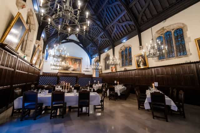Elegant dining hall in Old Hall, Lincoln's Inn, ideal for corporate events and formal dinners.