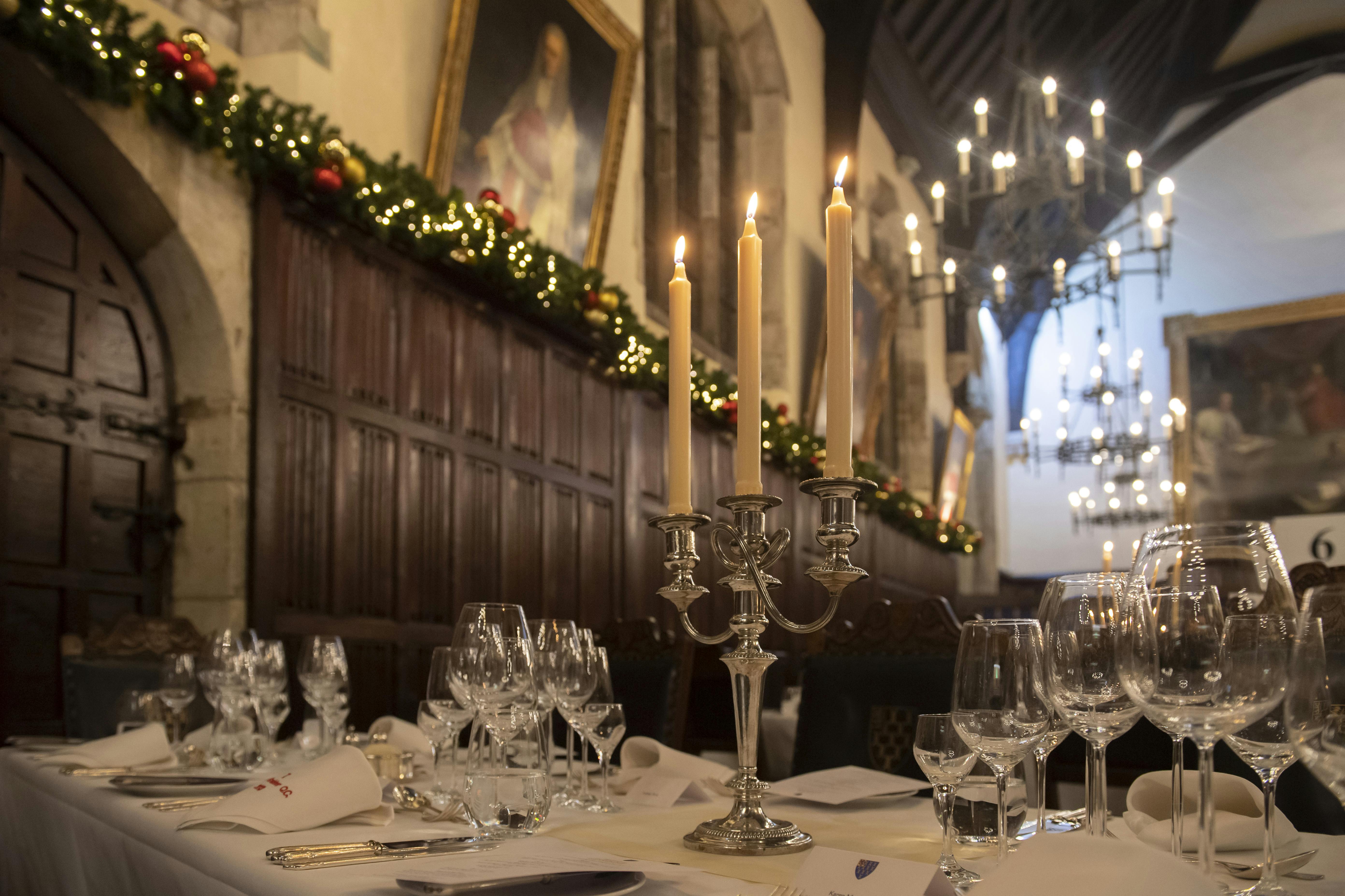 Elegant dining table in Old Hall, Lincoln's Inn for upscale events and holiday gatherings.