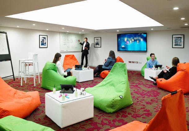 Mayfair Suite at London Marriott: modern meeting space with bean bag seating for workshops.