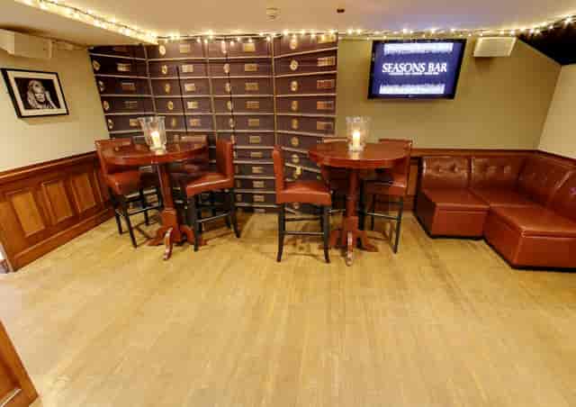 Seasons Basement Bar: Cozy vintage lounge for corporate mixers and networking events.
