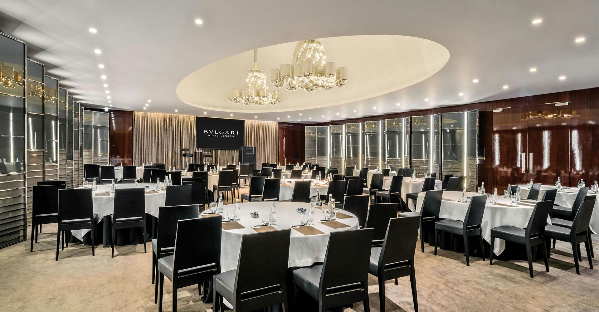 Elegant ballroom at Bulgari Hotel London, perfect for corporate events and formal dinners.