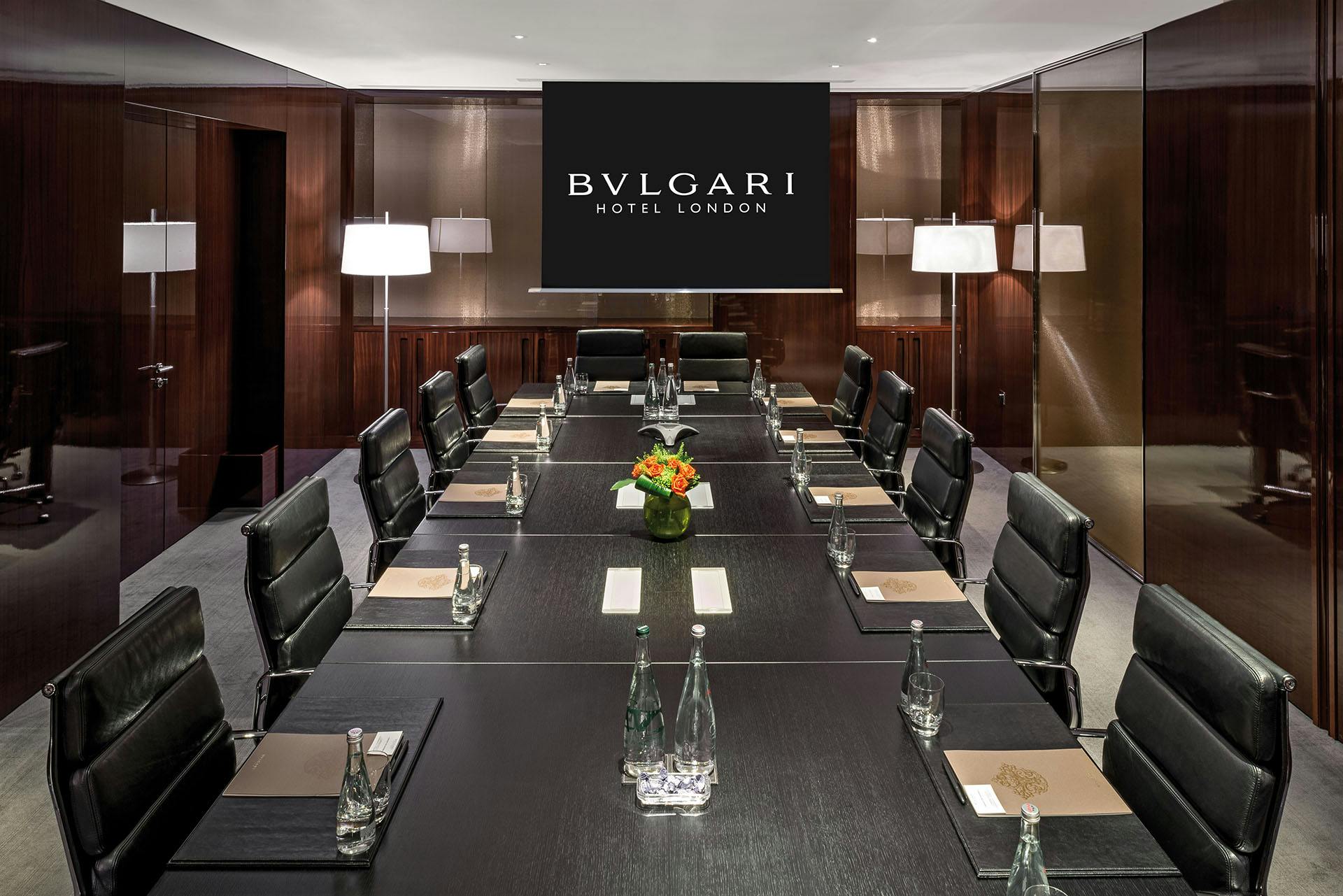 Sleek boardroom at Bulgari Hotel London, ideal for corporate meetings and events.