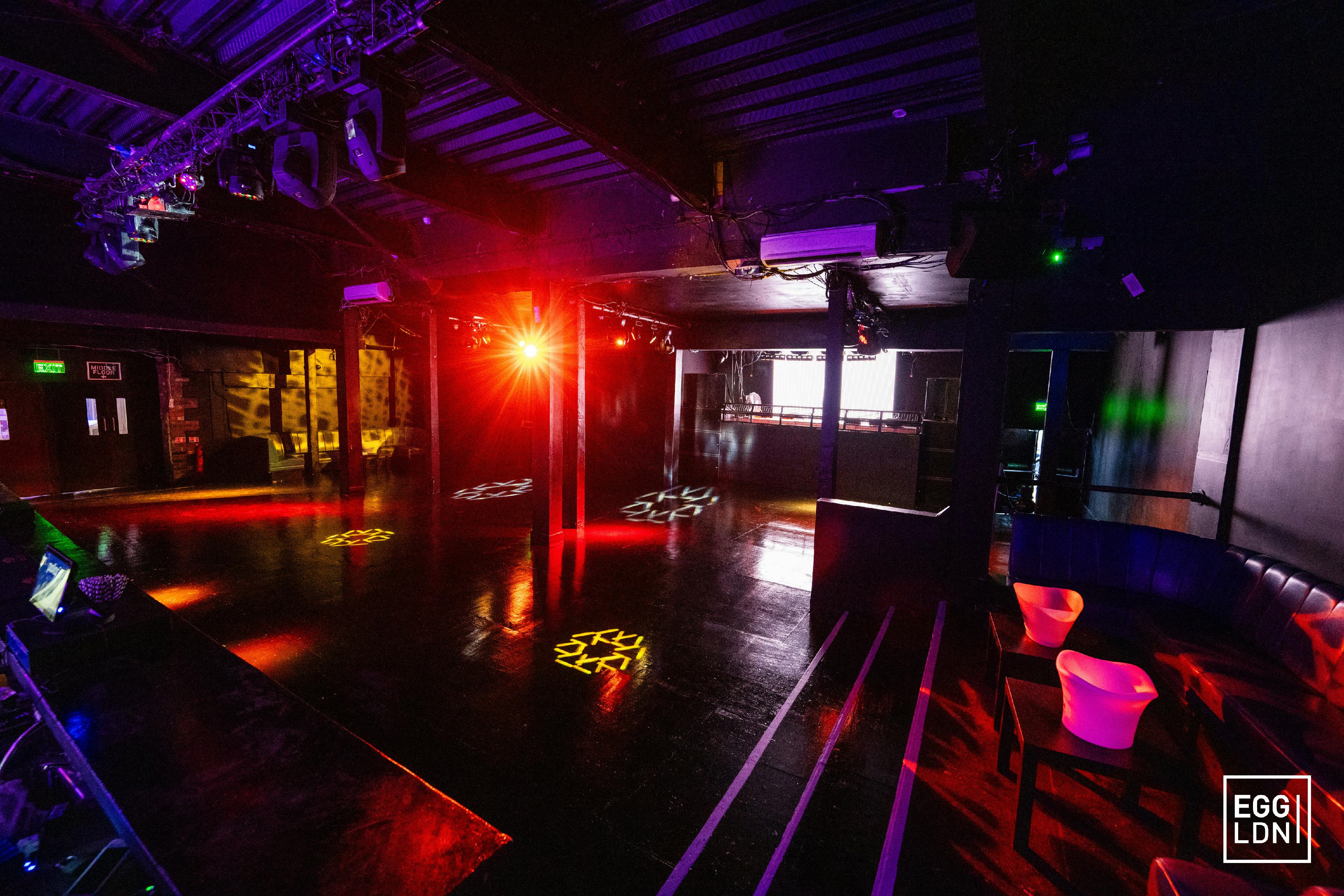 Modern event space with dynamic lighting for corporate events and nightlife at Egg LDN.