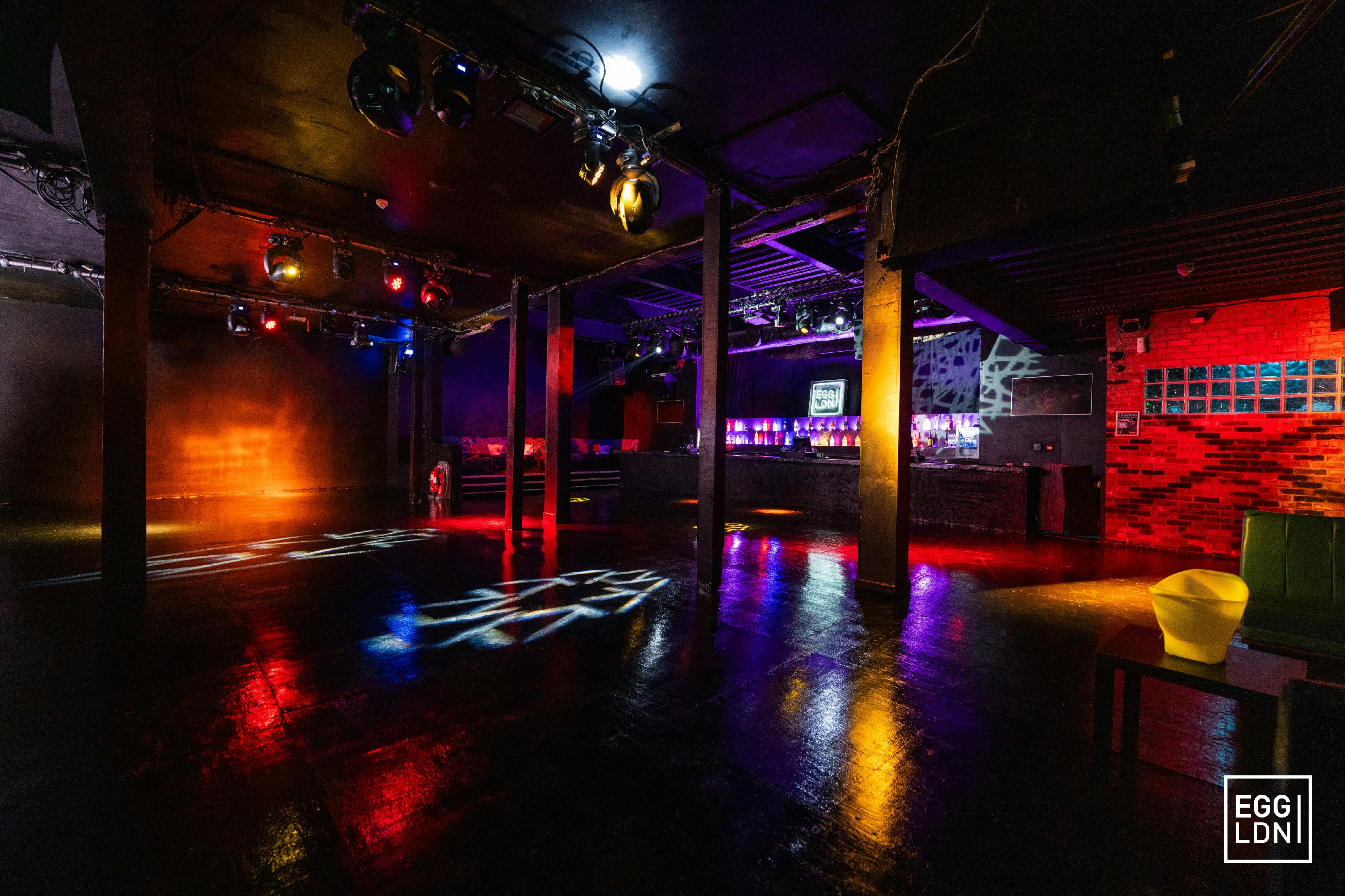 Versatile event space at The Ground Floor, Egg LDN with vibrant lighting for parties and corporate events.