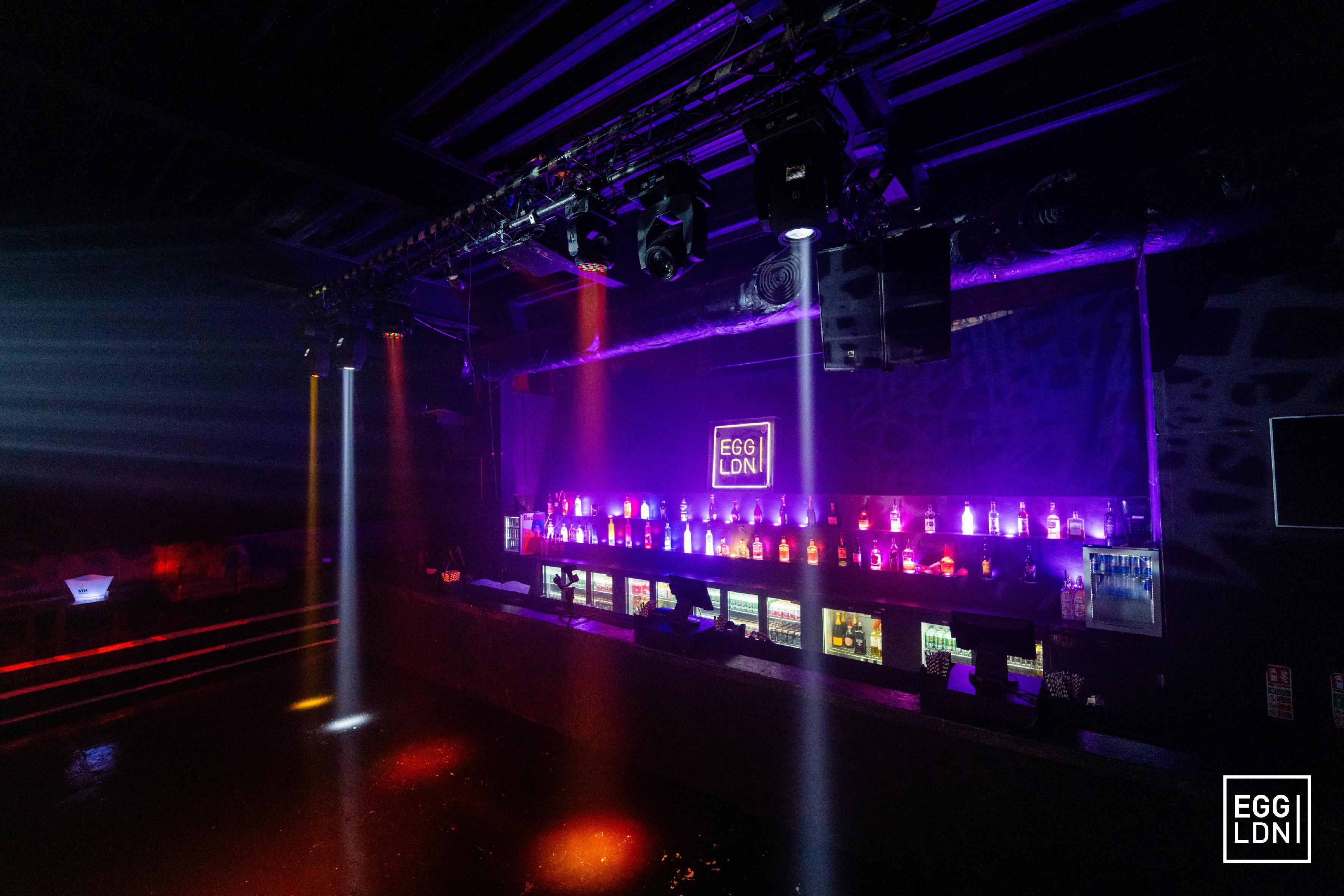 Vibrant event space at The Ground Floor, Egg LDN with dynamic lighting for nightlife events.