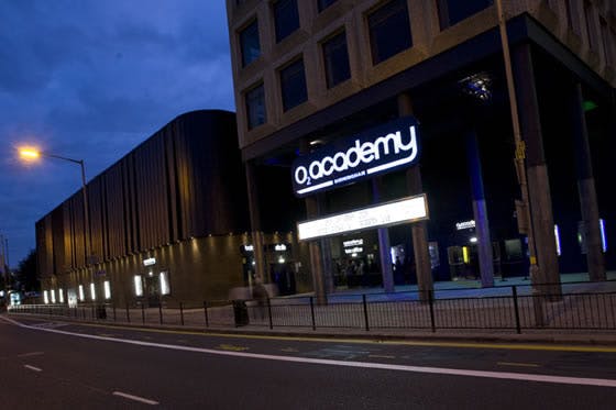 O2 Academy Birmingham venue exterior, ideal for concerts and events at twilight.