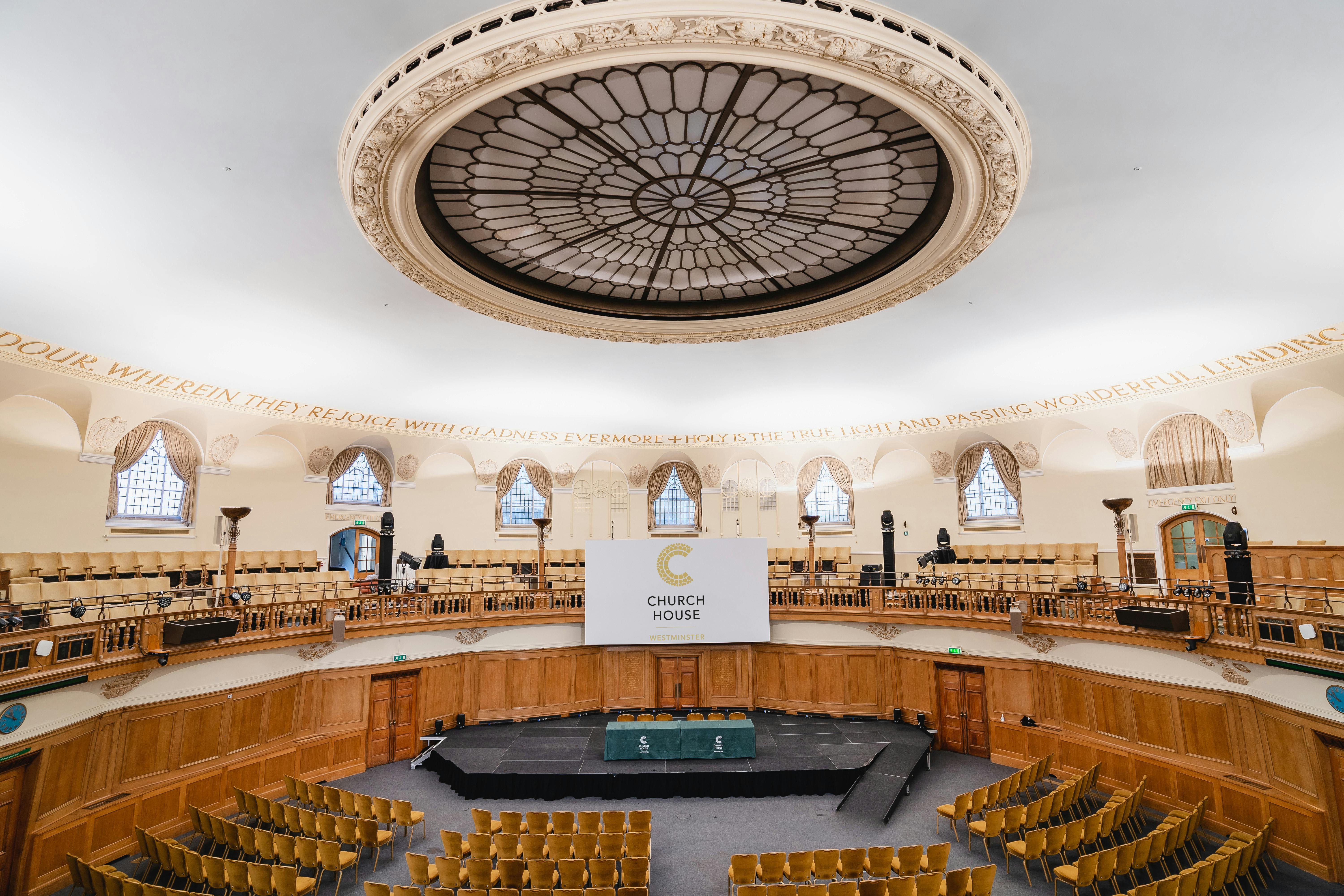 Assembly Hall in Church House Westminster, elegant auditorium for conferences and events.