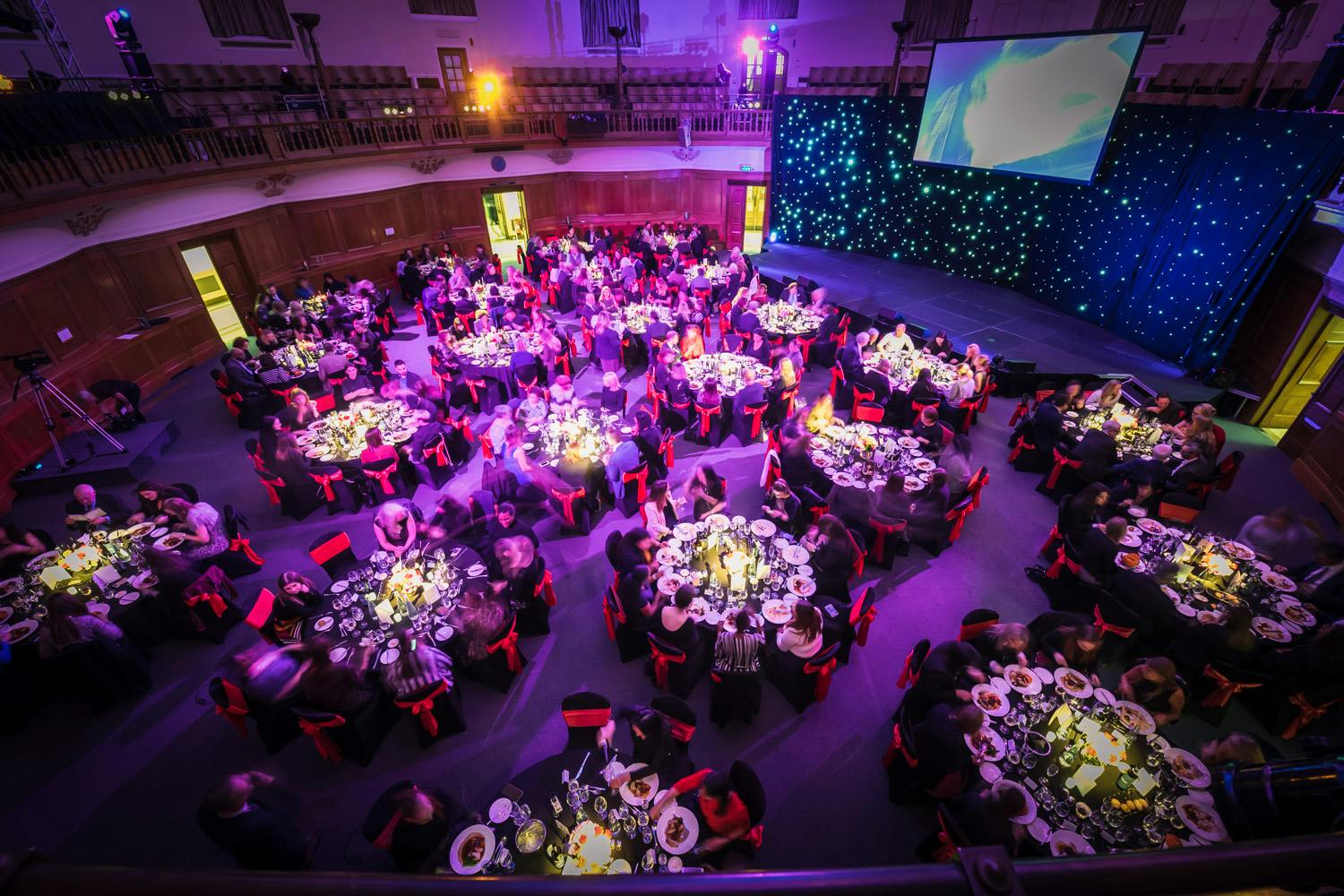 Elegant Assembly Hall in Church House Westminster, set for a gala dinner event.