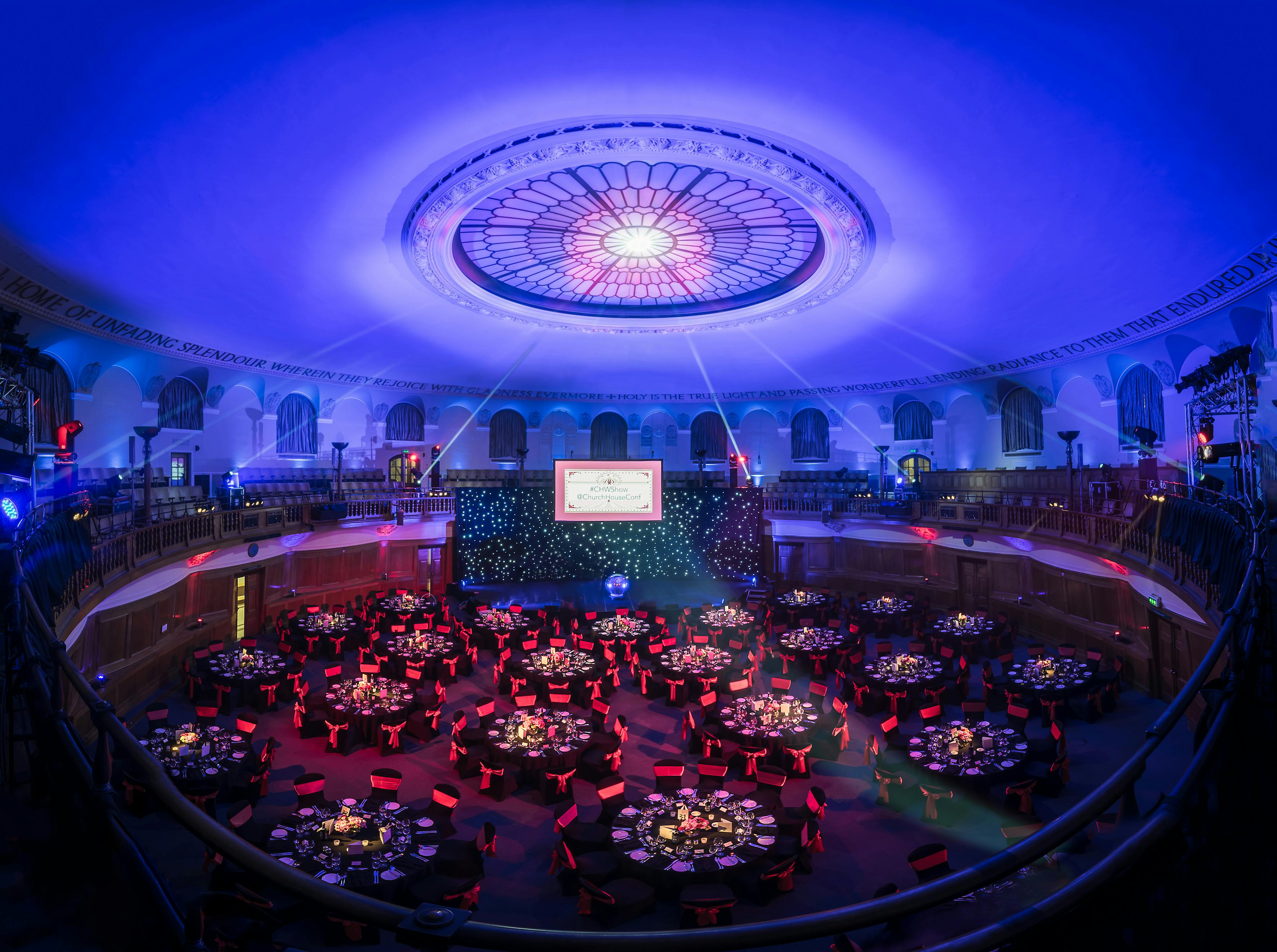 Elegant banquet hall in Church House Westminster, ideal for conferences and gala dinners.