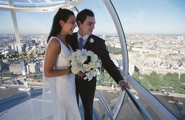 Couple in elegant attire celebrating wedding in Private Capsule of The London Eye. - Banner
