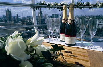 Elegant London Eye capsule setup for luxury events with champagne and city views. - Banner