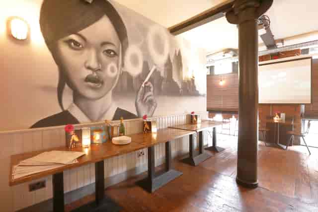 Stylish event space with mural, ideal for meetings and presentations at The Pen and Pencil.