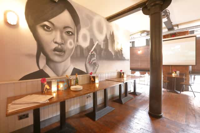 Stylish event space with mural, ideal for meetings and presentations at The Pen and Pencil.