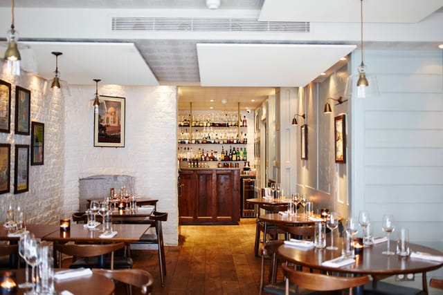 Stylish restaurant interior in Trishna for intimate gatherings and corporate events.