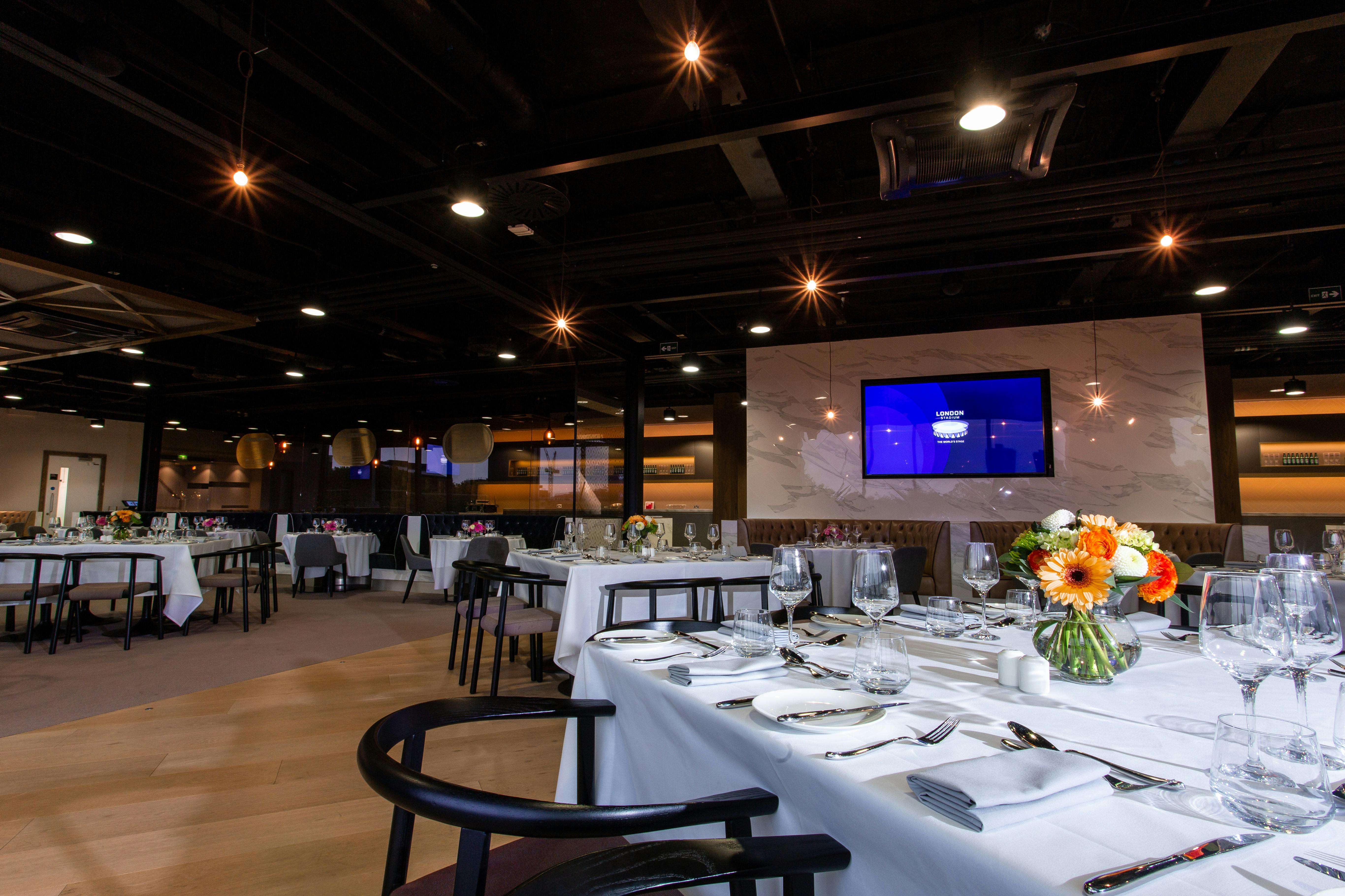 Elegant dining space at The Forge, London Stadium for corporate events and gatherings.