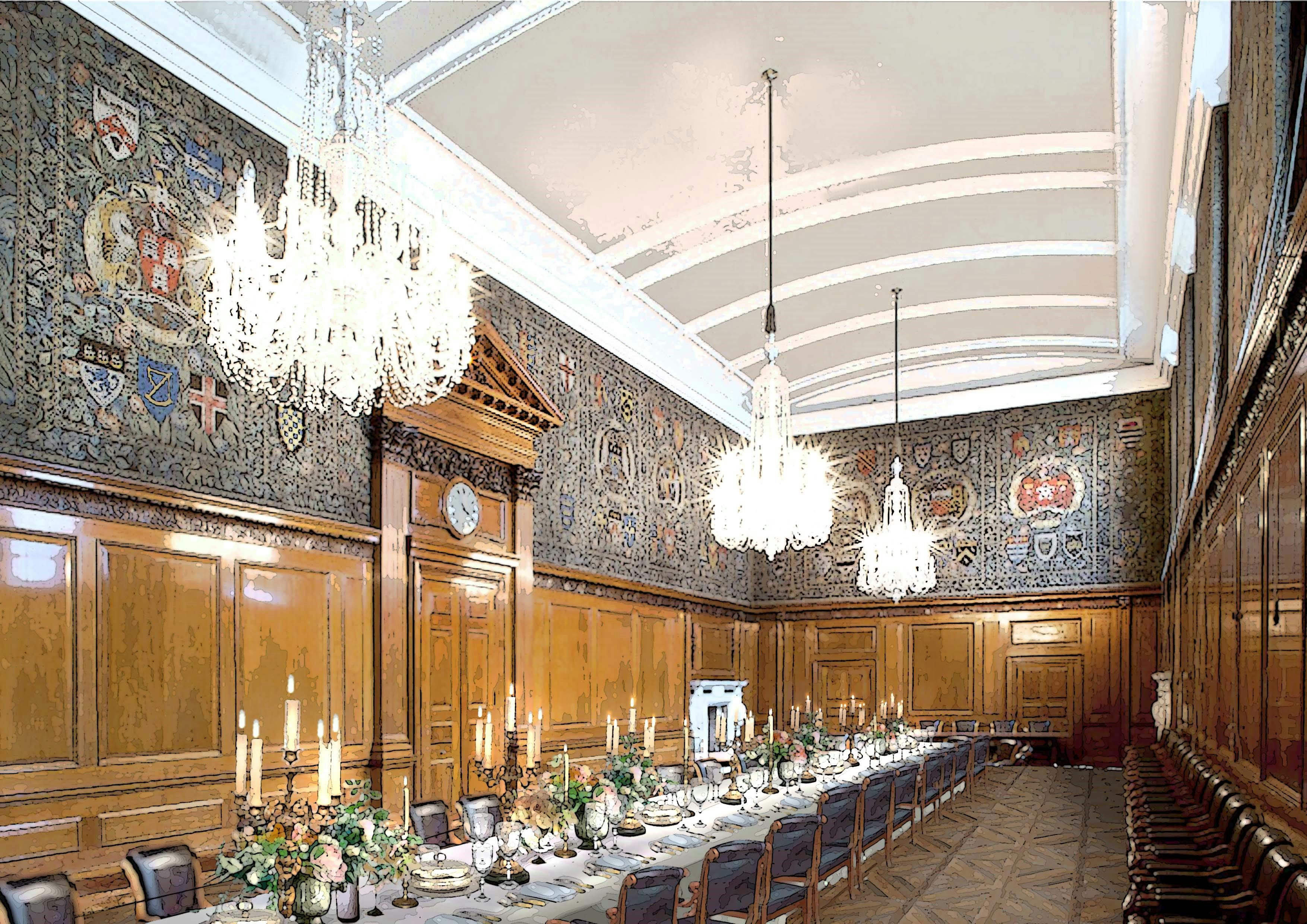 Elegant banquet hall with ornate chandeliers, ideal for gala dinners and meetings.