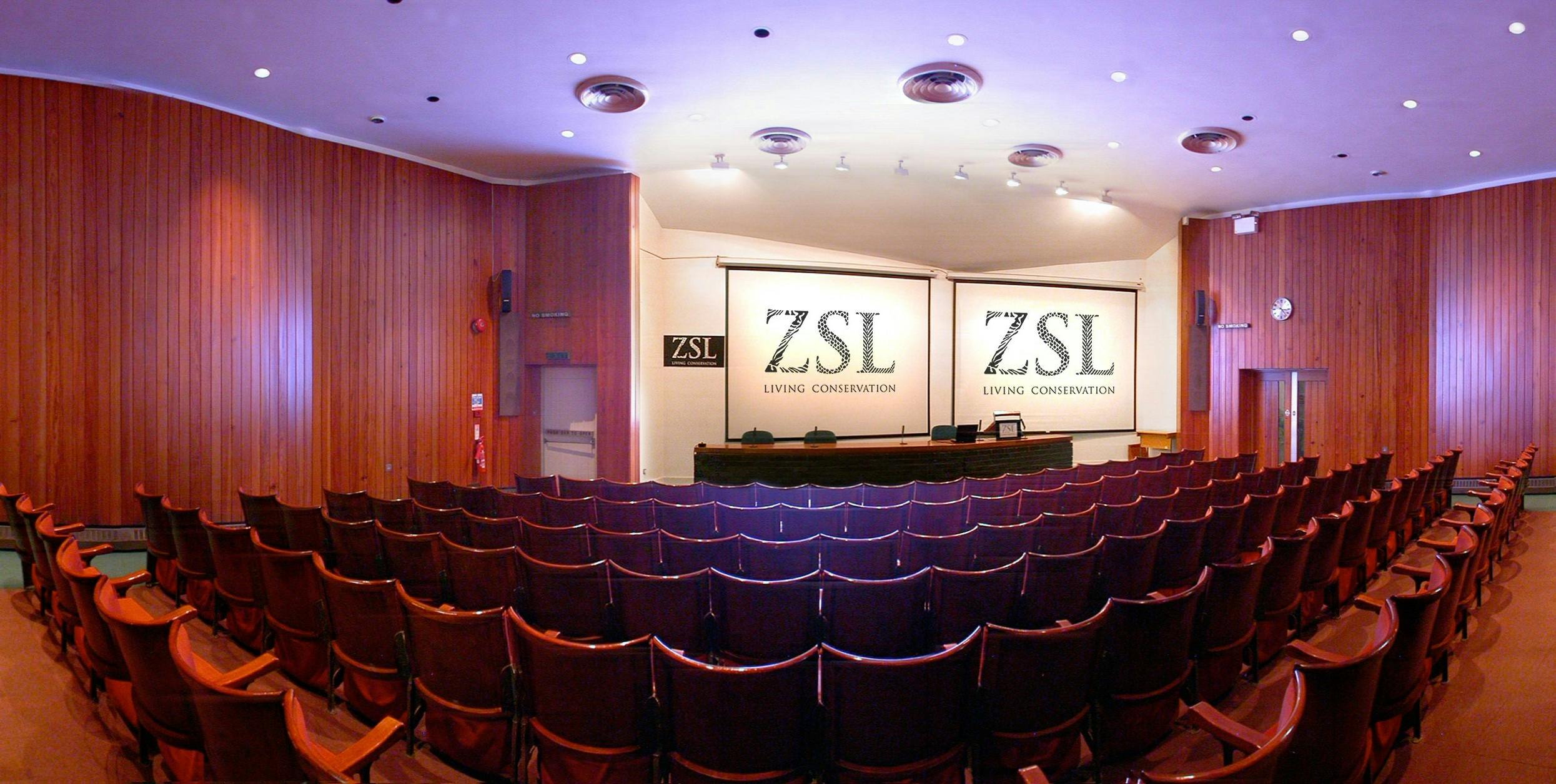 Huxley Theatre conference room with tiered seating for corporate events at ZSL London Zoo.