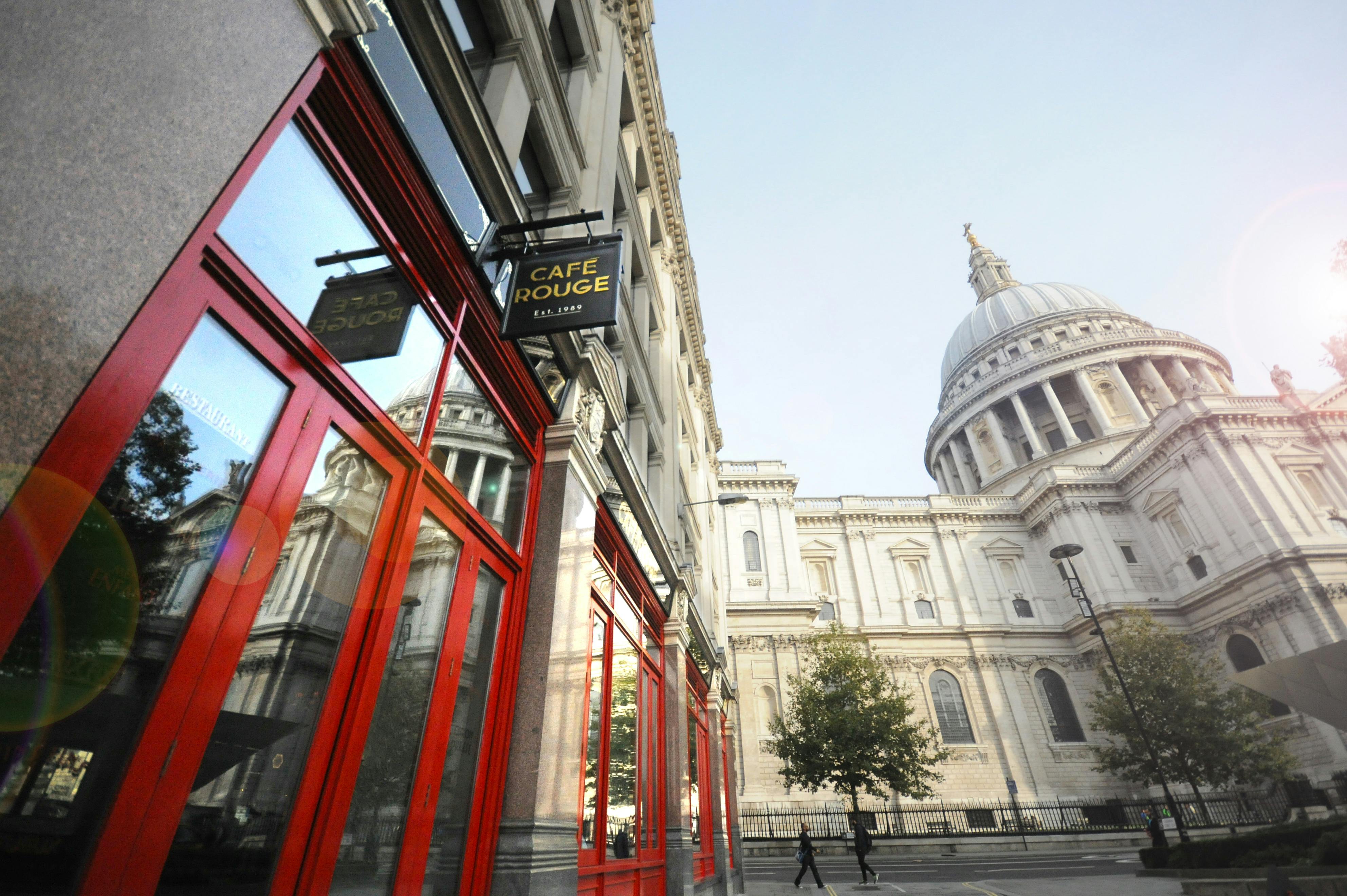 Café Rouge St Pauls venue with red entrance, ideal for networking events and meetings.