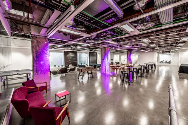 Industrial breakout event space, flexible seating, networking