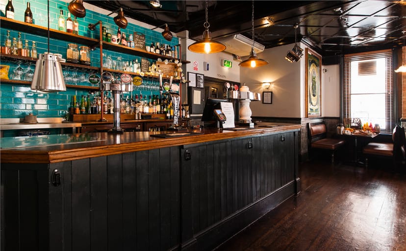 Stylish Upstairs Private Bar with turquoise backsplash, ideal for networking events.