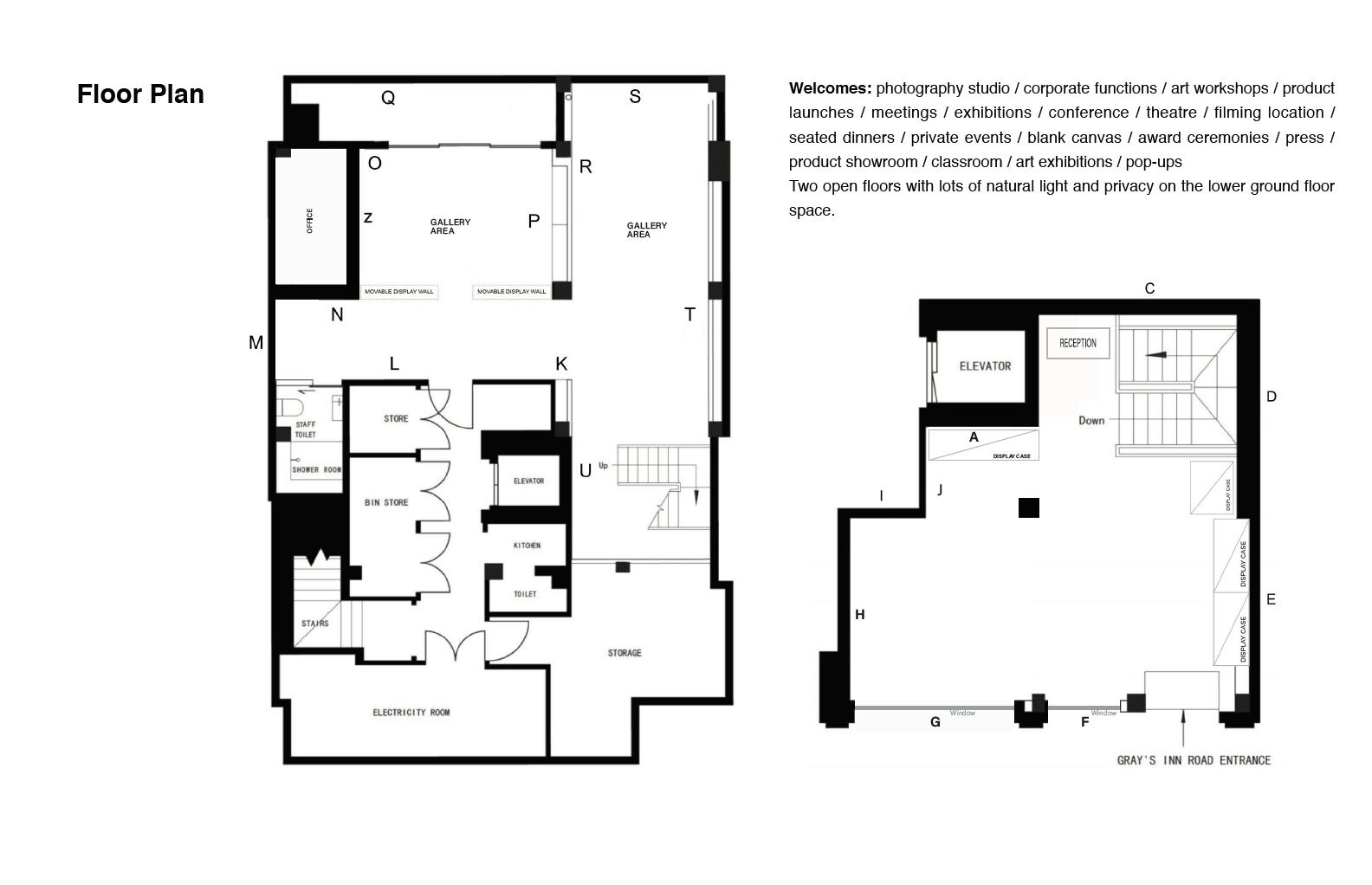 Versatile event space floor plan with natural light for workshops and corporate functions.