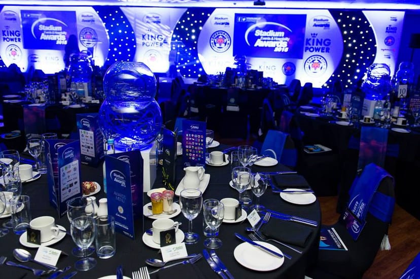 Elegant awards ceremony setup at Walkers Hall, Leicester City FC with stylish decor.