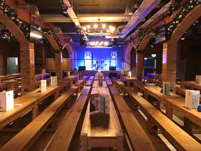 Bierkeller Bar with wooden benches, ideal for corporate events and live performances.
