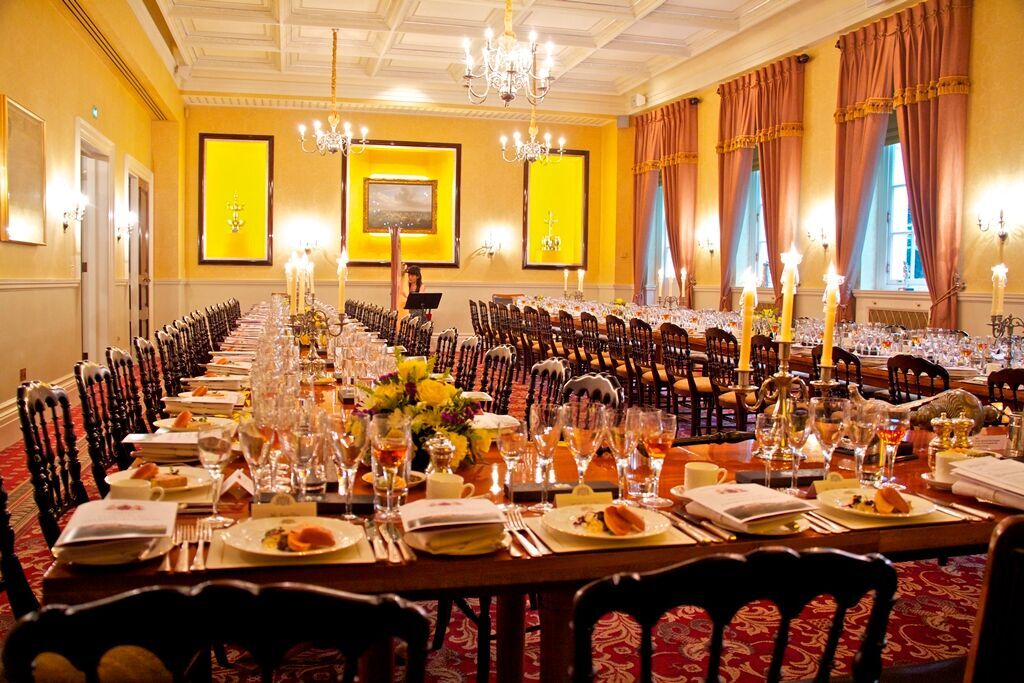 Elegant banquet hall at Pewterers' Hall, ideal for corporate dinners and gala events. - Banner