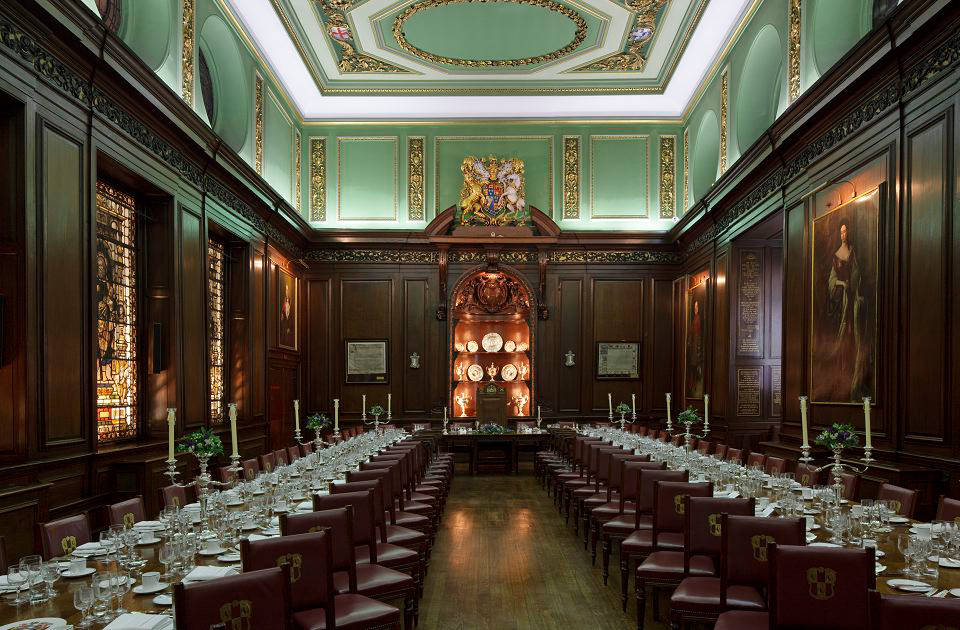 Elegant dining room in Livery Hall, perfect for corporate dinners and formal events.