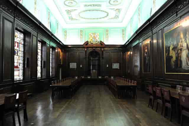 Livery Hall at Tallow Chandlers' Hall, elegant stained glass, ideal for formal meetings.