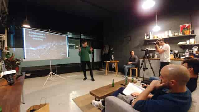 Informal workshop breakout session at The Beehive featuring a portable screen and recording rig.