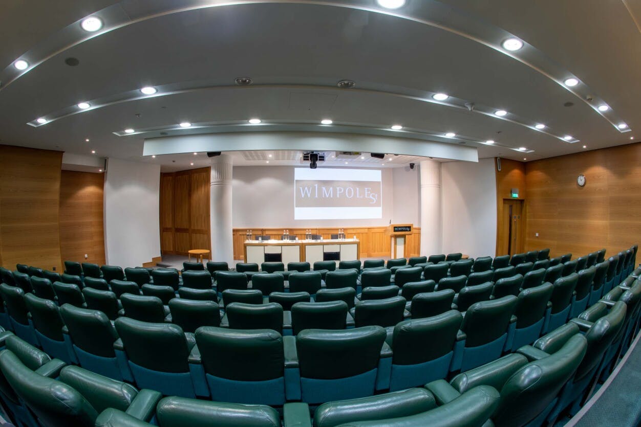 Max Rayne Auditorium with tiered seating for conferences and events at 1 Wimpole Street.