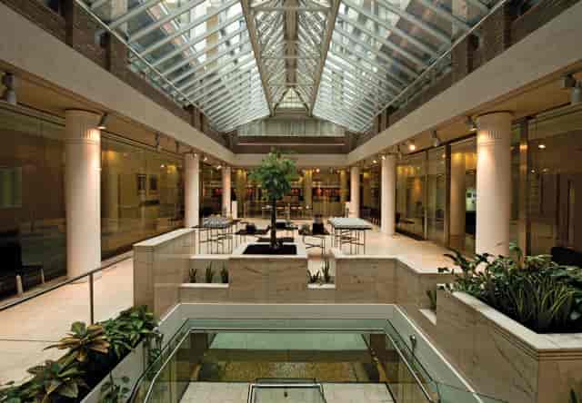 Max Rayne Atrium at 1 Wimpole Street, modern glass ceiling, ideal for receptions and meetings.