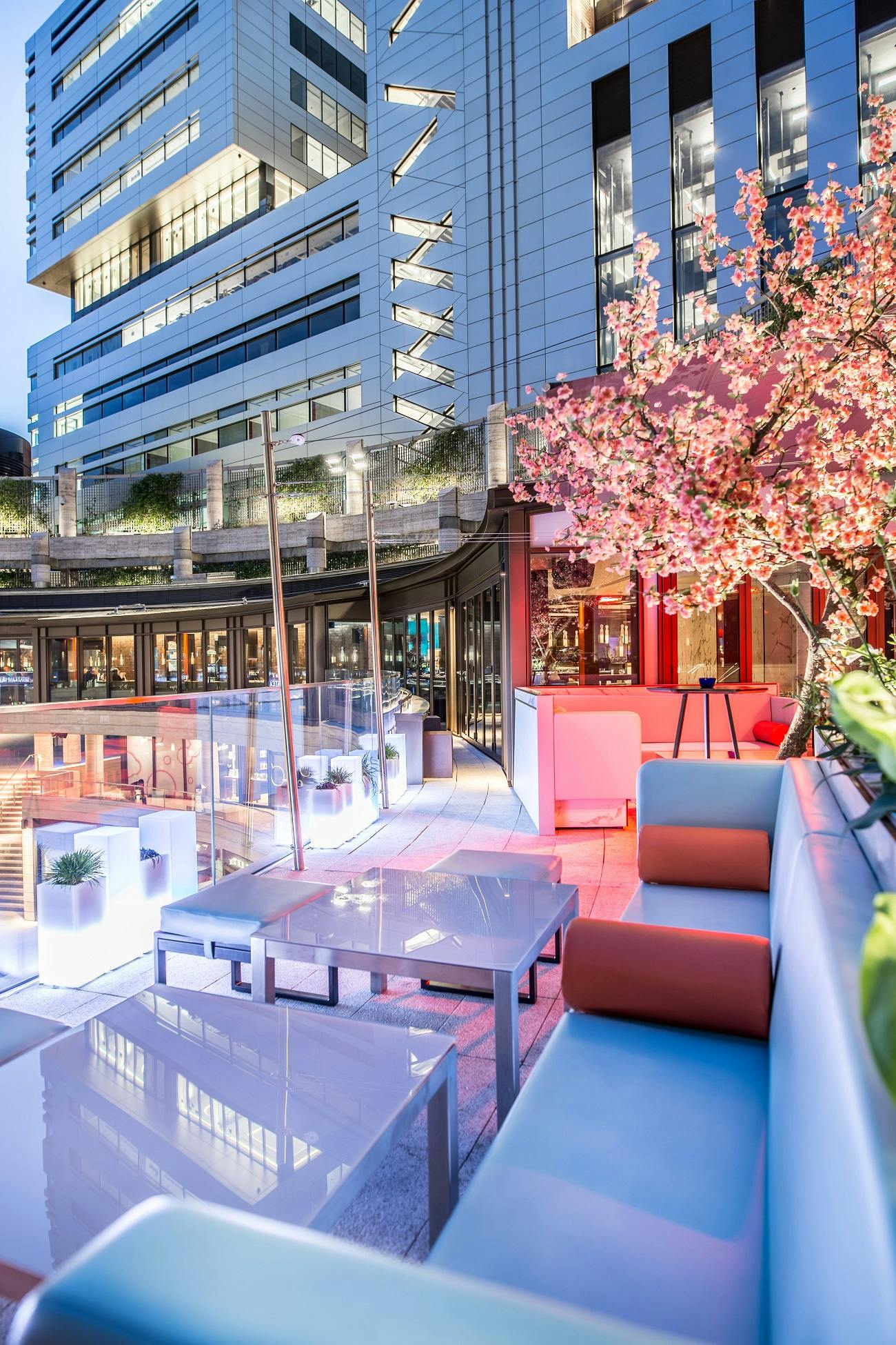 Stylish Roof Terrace at Yauatcha City with cherry blossom, ideal for upscale events.